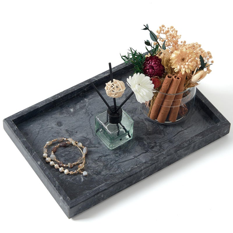 MULWR Marble Bathroom Tray Pure Natural Vanity Tray Marble Trays for Kitchen Counter Non-Ceramic/Non-Resin Stone Tray 12 x 8 inch (Black) - Image 1